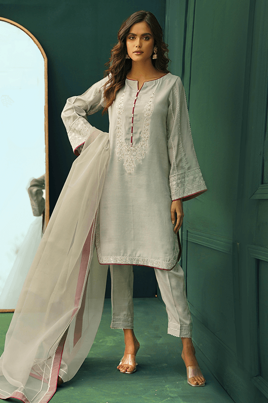 Pakistani Grey Embroidered PK Raw Silk Salwar Kameez (3-Piece) - Image 2