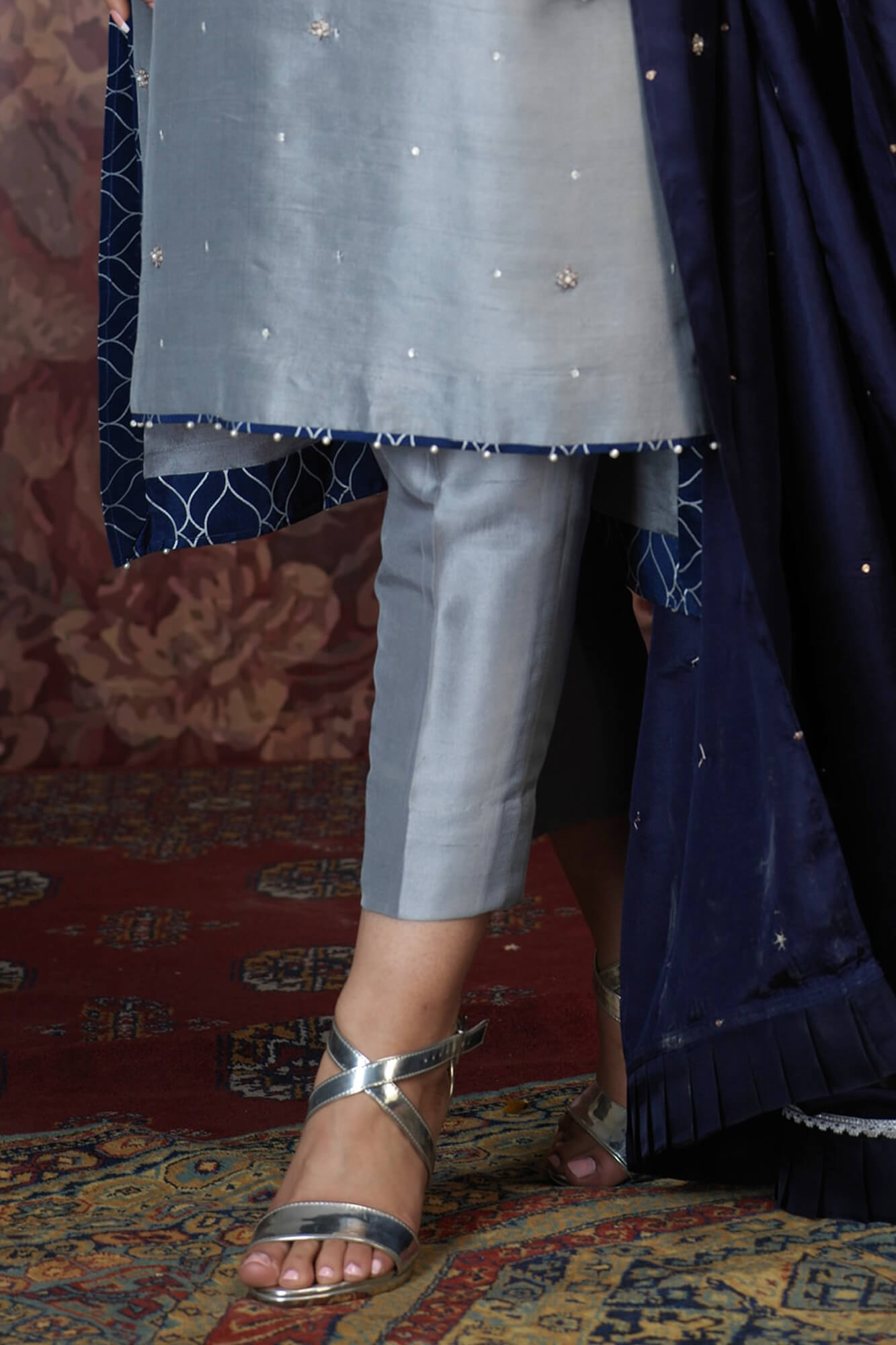 Light Grey Embroidered PK Raw Silk Salwar Kameez (3-Piece) - Image 1