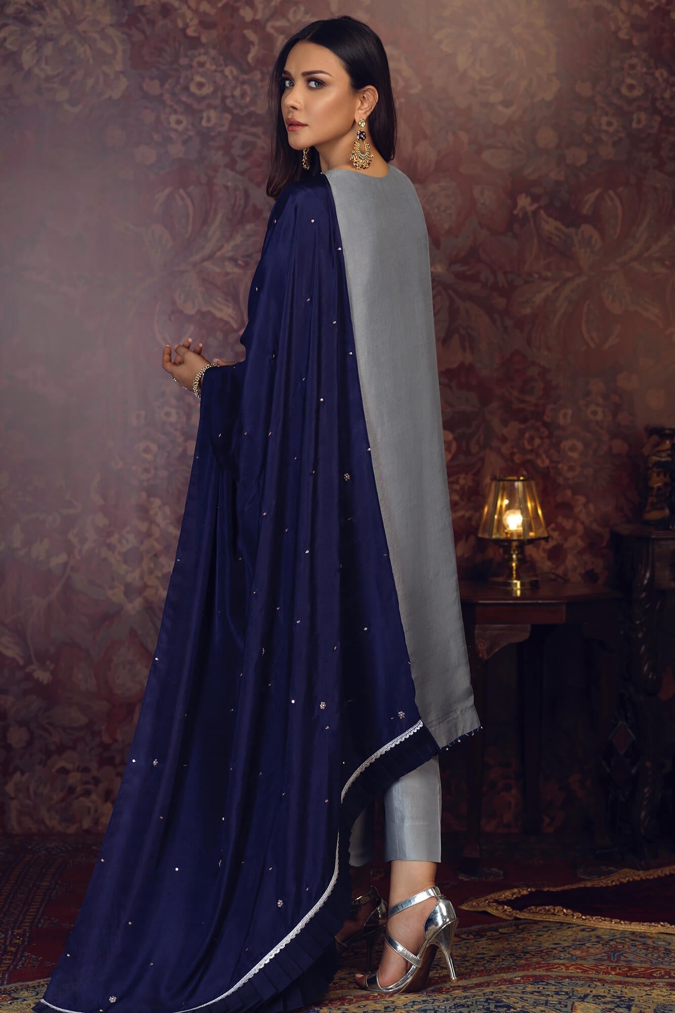 Light Grey Embroidered PK Raw Silk Salwar Kameez (3-Piece) - Image 3