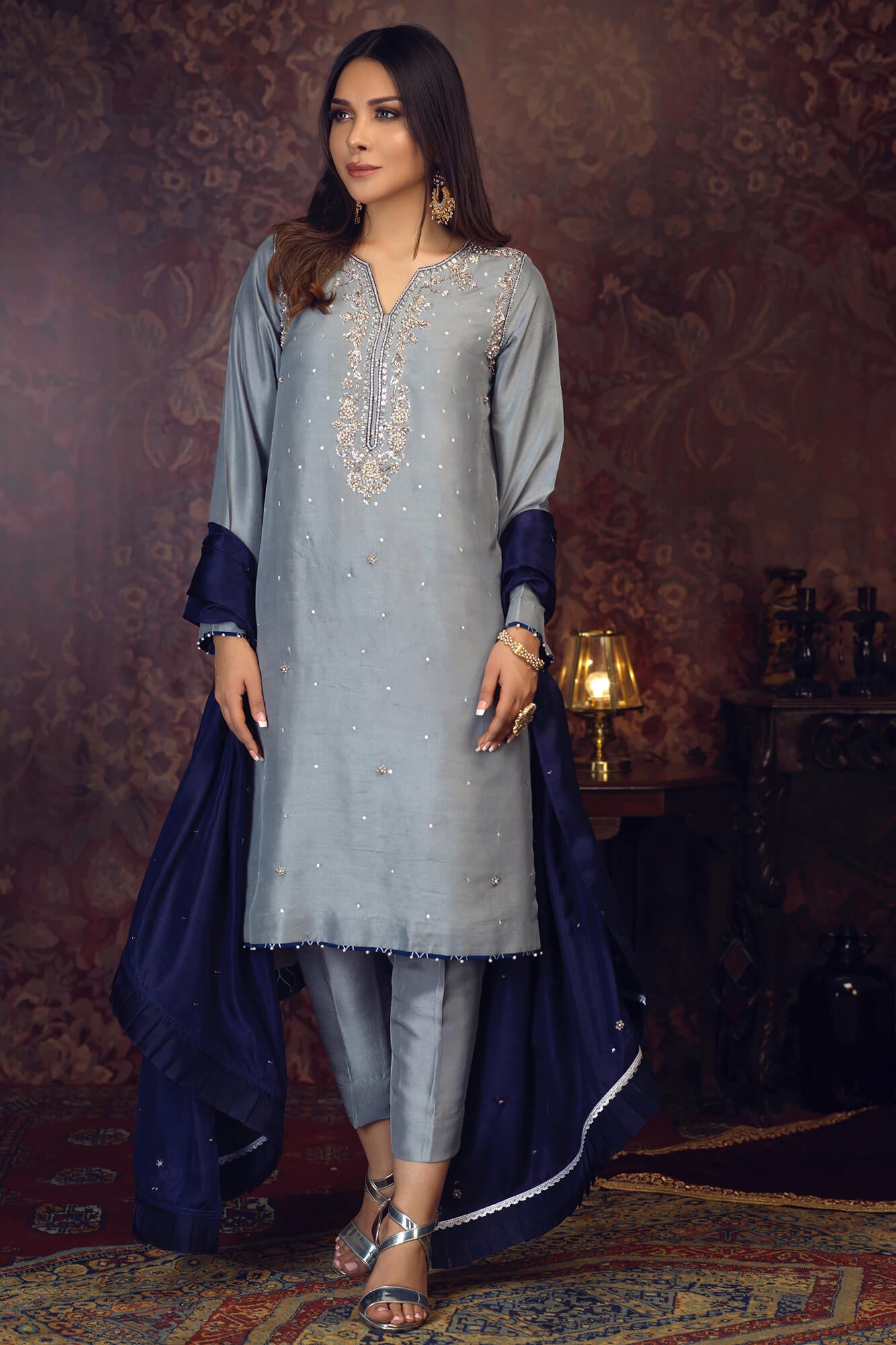 Light Grey Embroidered PK Raw Silk Salwar Kameez (3-Piece) - Image 2