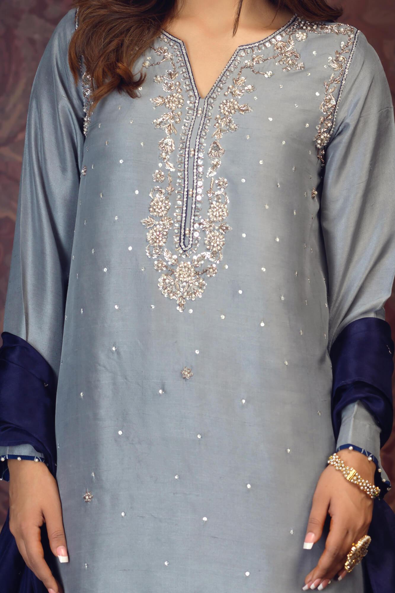 Light Grey Embroidered PK Raw Silk Salwar Kameez (3-Piece) - Image 4