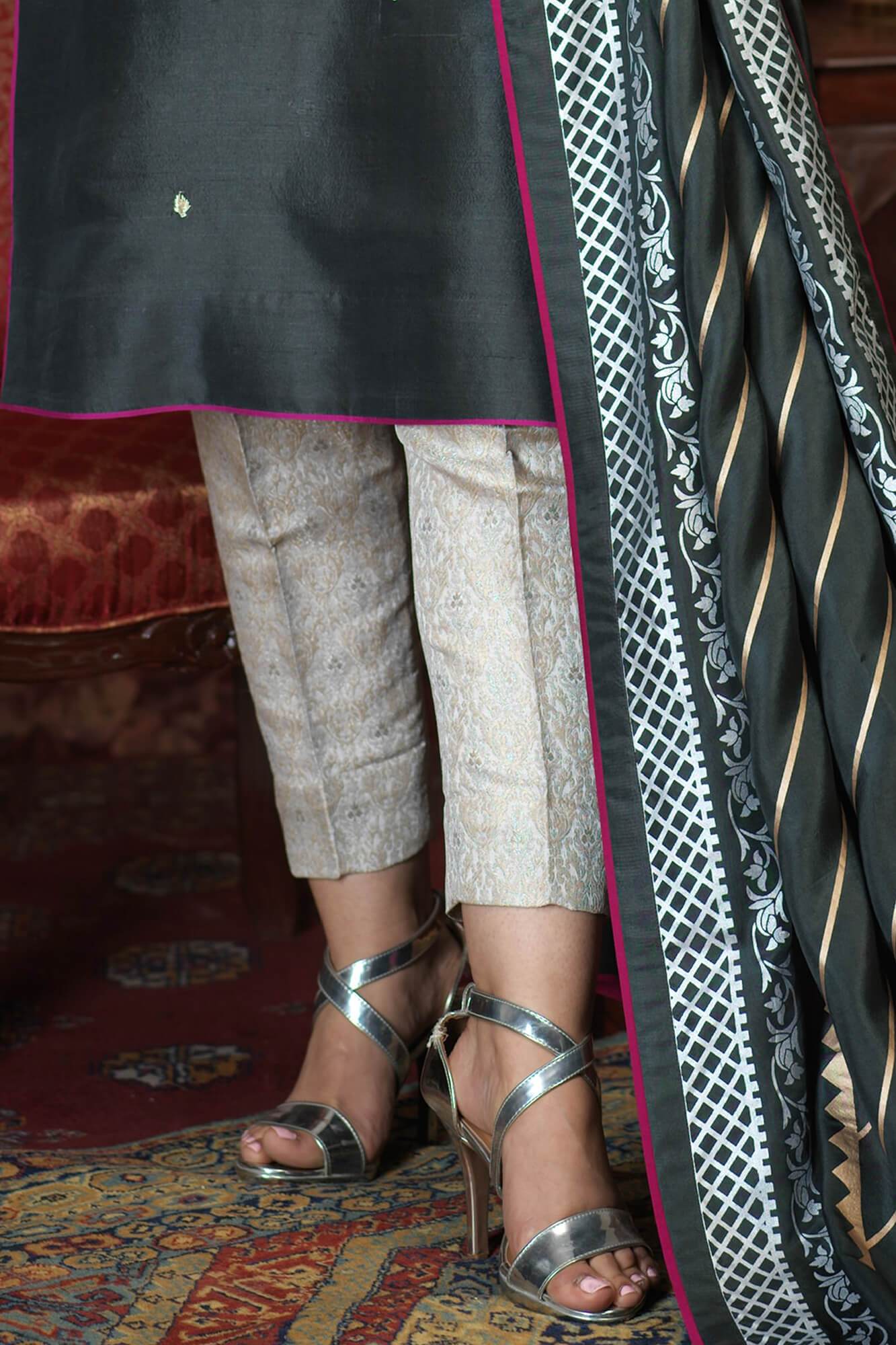 Charcoal Grey Embroidered PK Raw Silk Salwar Kameez (3-Piece) - Image 1