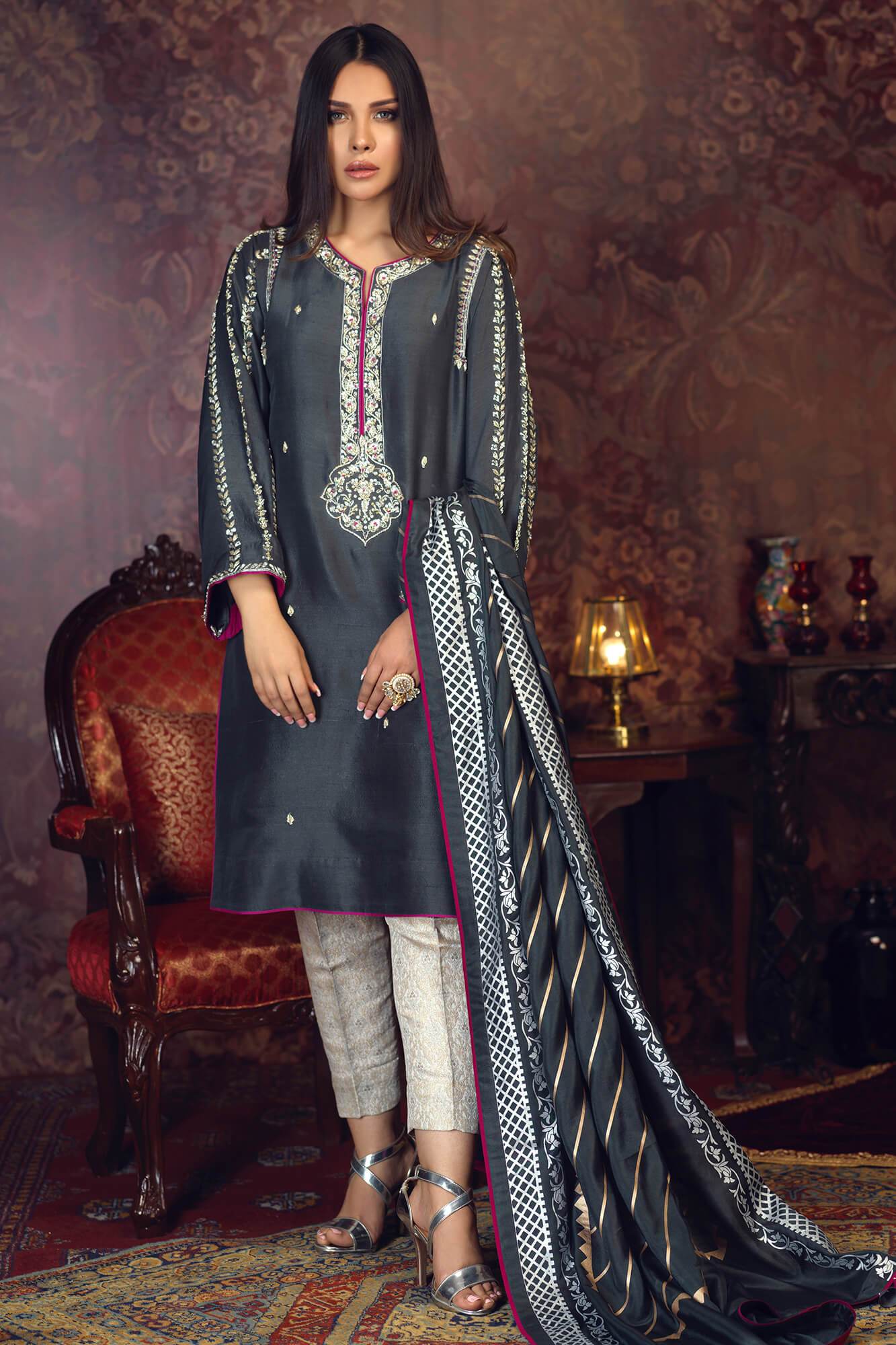 Pakistani Charcoal Grey Embroidered PK Raw Silk Salwar Kameez (3-Piece) - Image 2