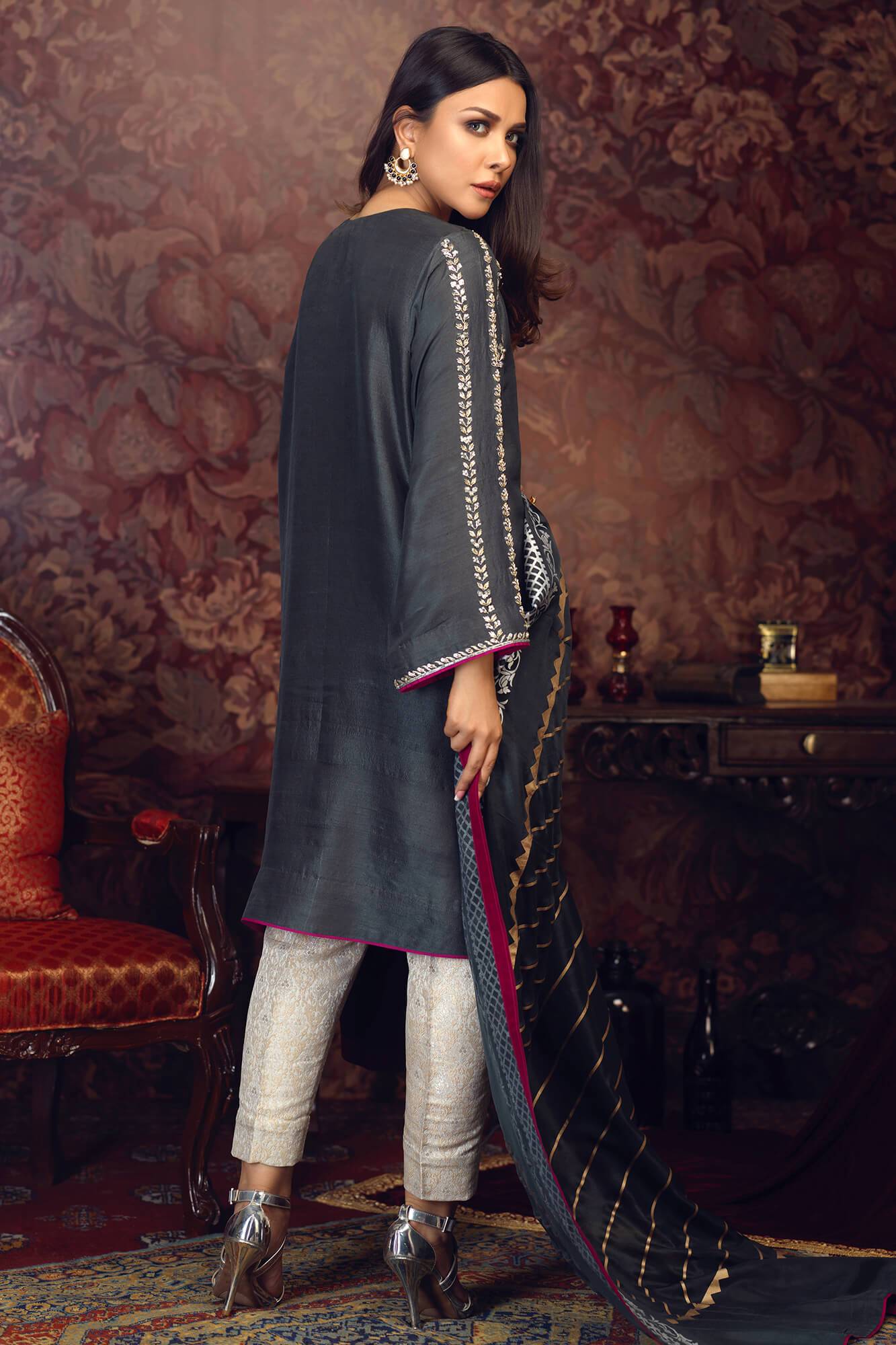 Pakistani Charcoal Grey Embroidered PK Raw Silk Salwar Kameez (3-Piece) - Image 3