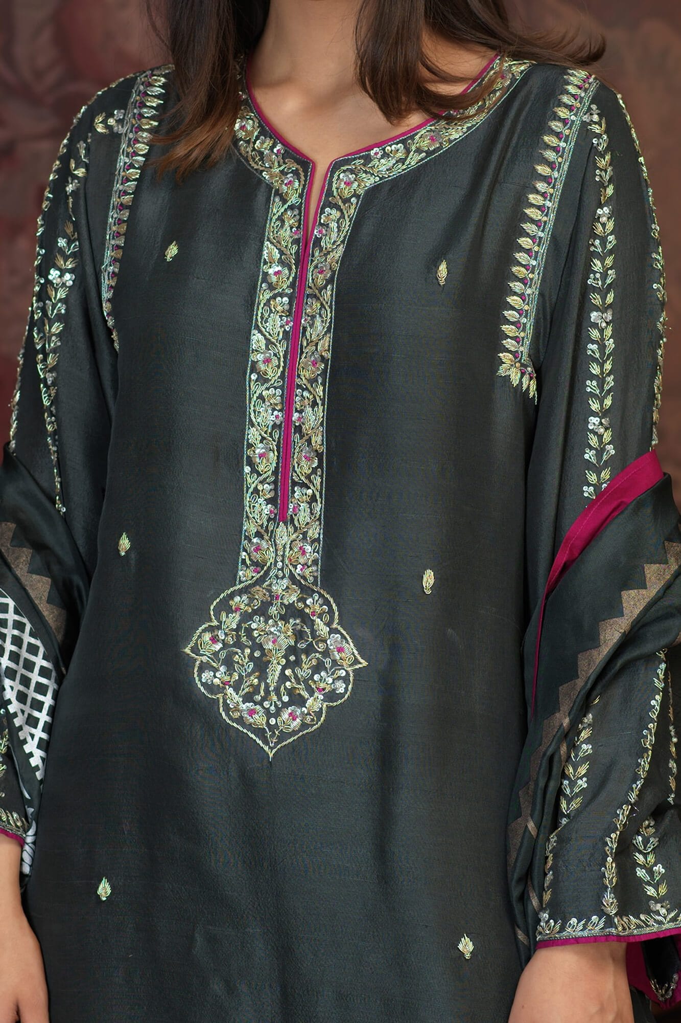 Pakistani Charcoal Grey Embroidered PK Raw Silk Salwar Kameez (3-Piece) - Image 5