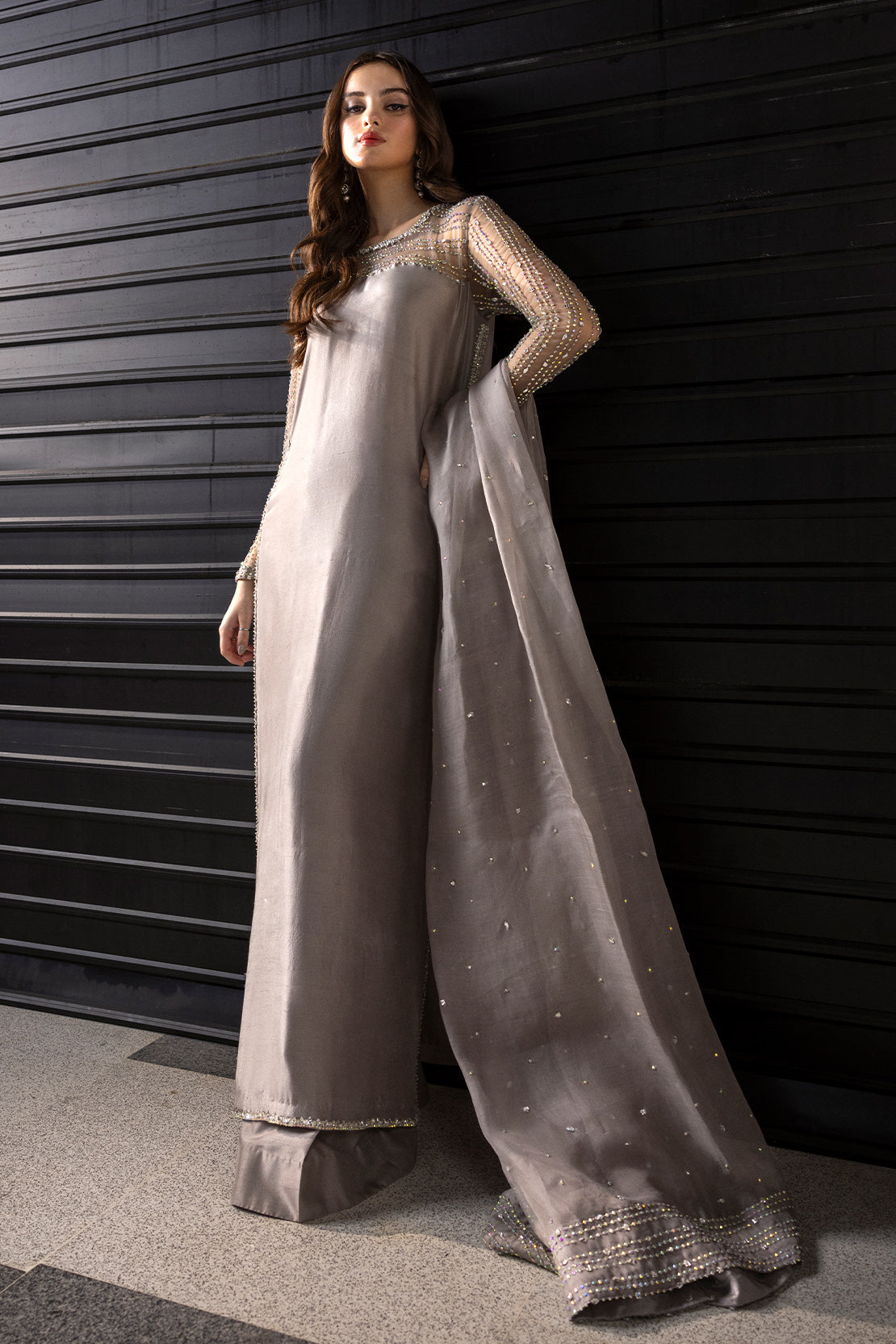 Charcoal Grey Embellished Raw Silk Salwar Kameez (3-Piece) - Image 1