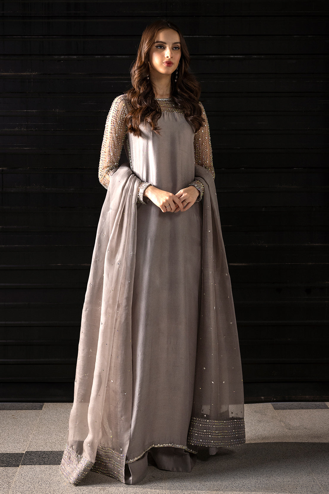 Charcoal Grey Embellished Raw Silk Salwar Kameez (3-Piece) - Image 2
