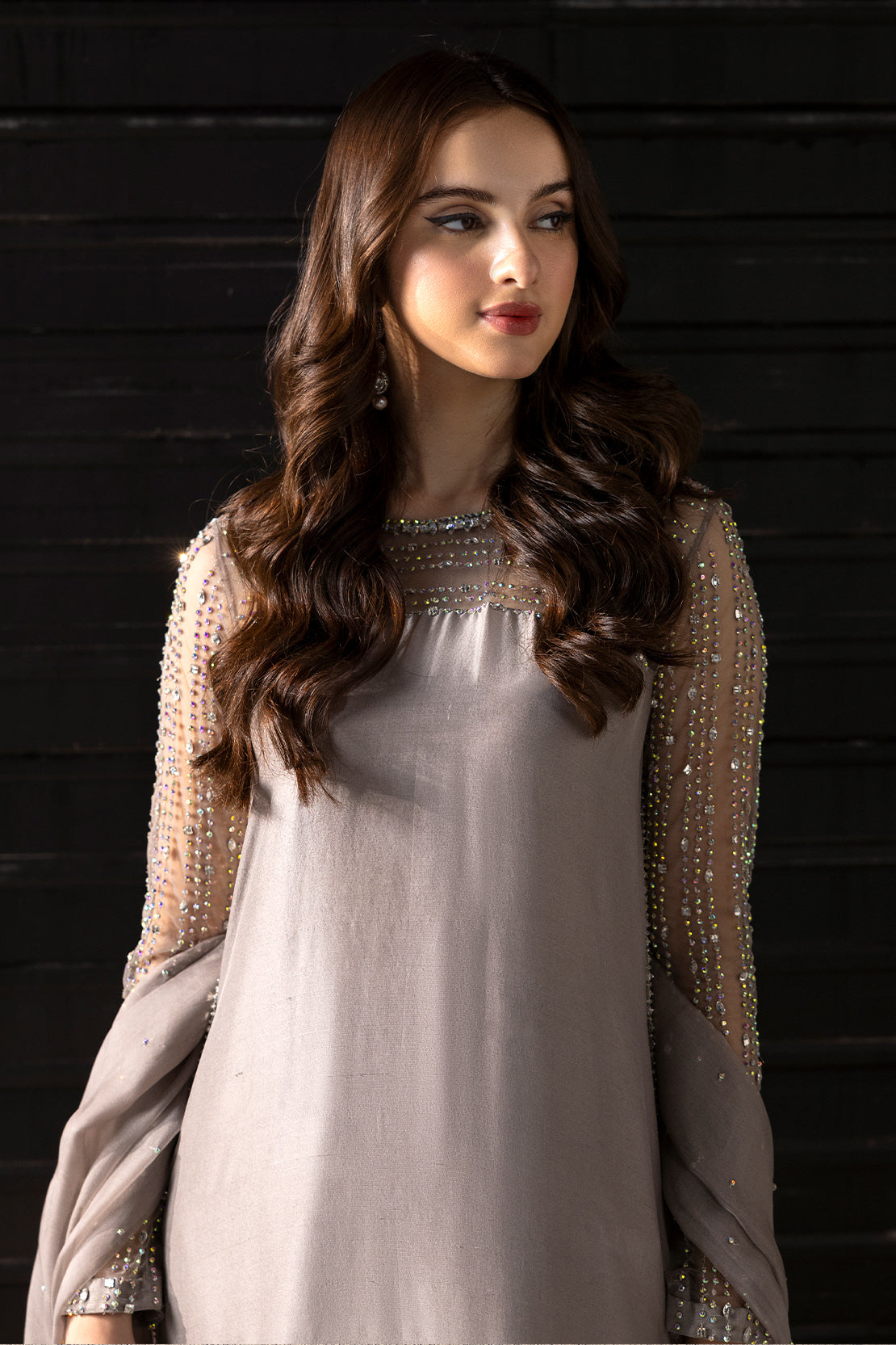 Charcoal Grey Embellished Raw Silk Salwar Kameez (3-Piece) - Image 3