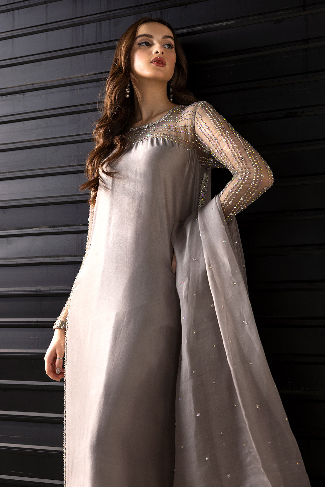 Charcoal Grey Embellished Raw Silk Salwar Kameez (3-Piece) - Image 4