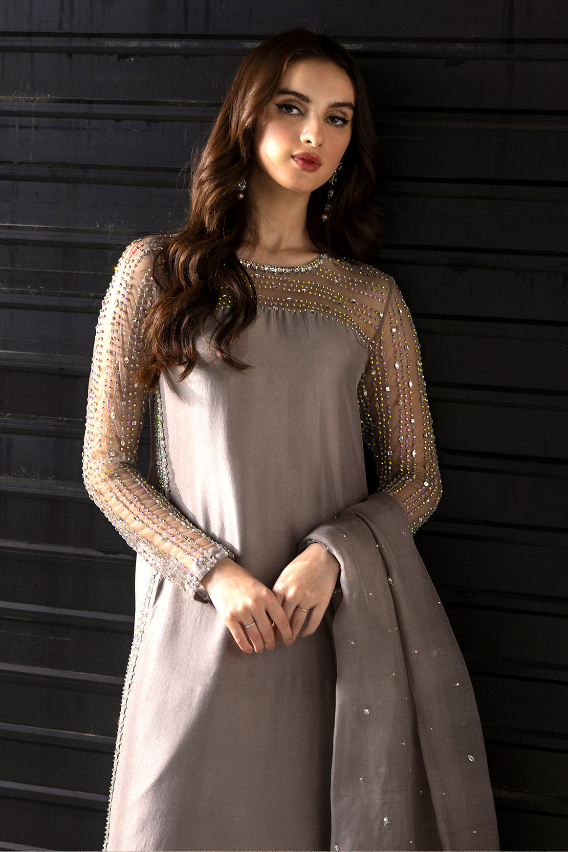 Charcoal Grey Embellished Raw Silk Salwar Kameez (3-Piece) - Image 5