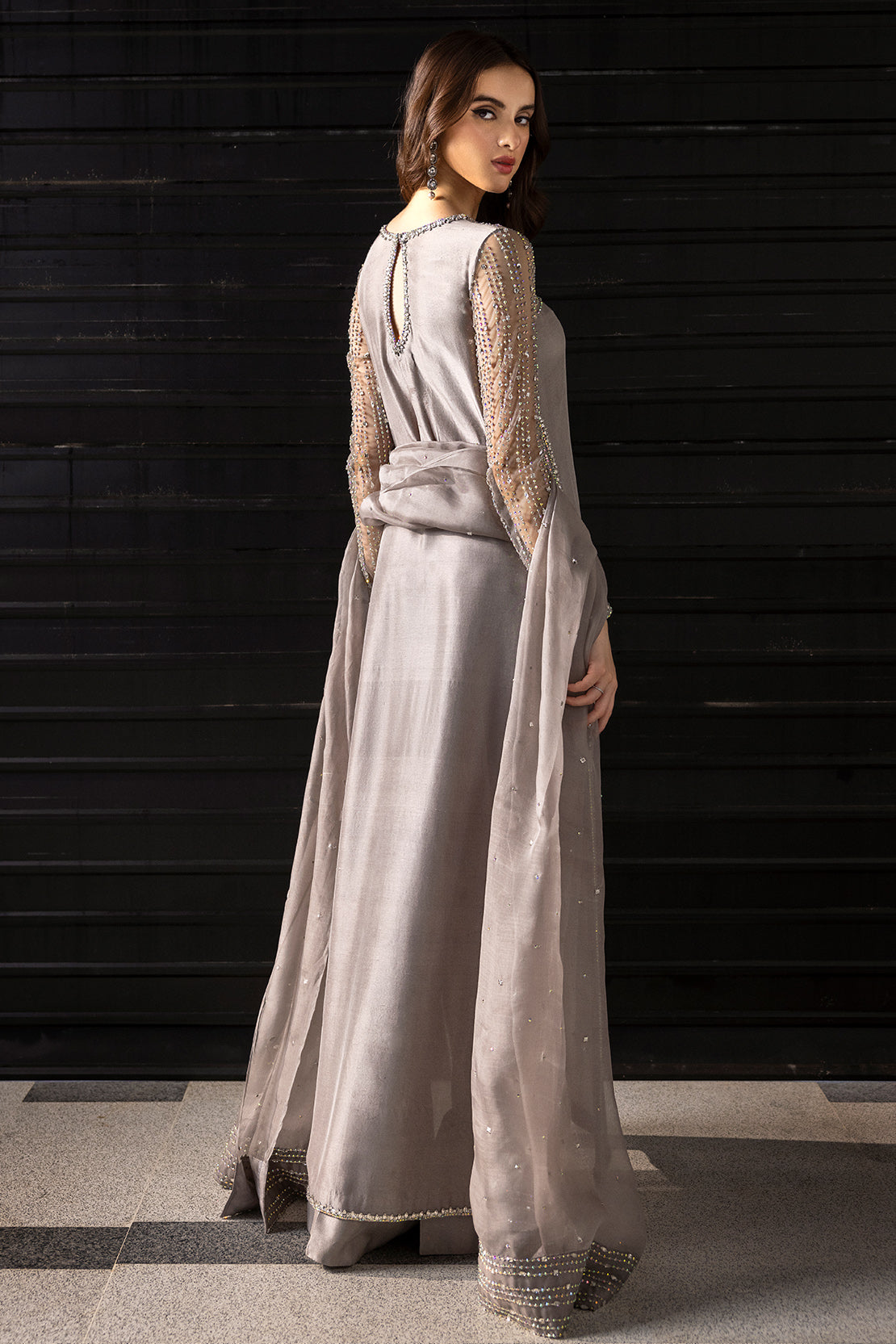 Charcoal Grey Embellished Raw Silk Salwar Kameez (3-Piece) - Image 8