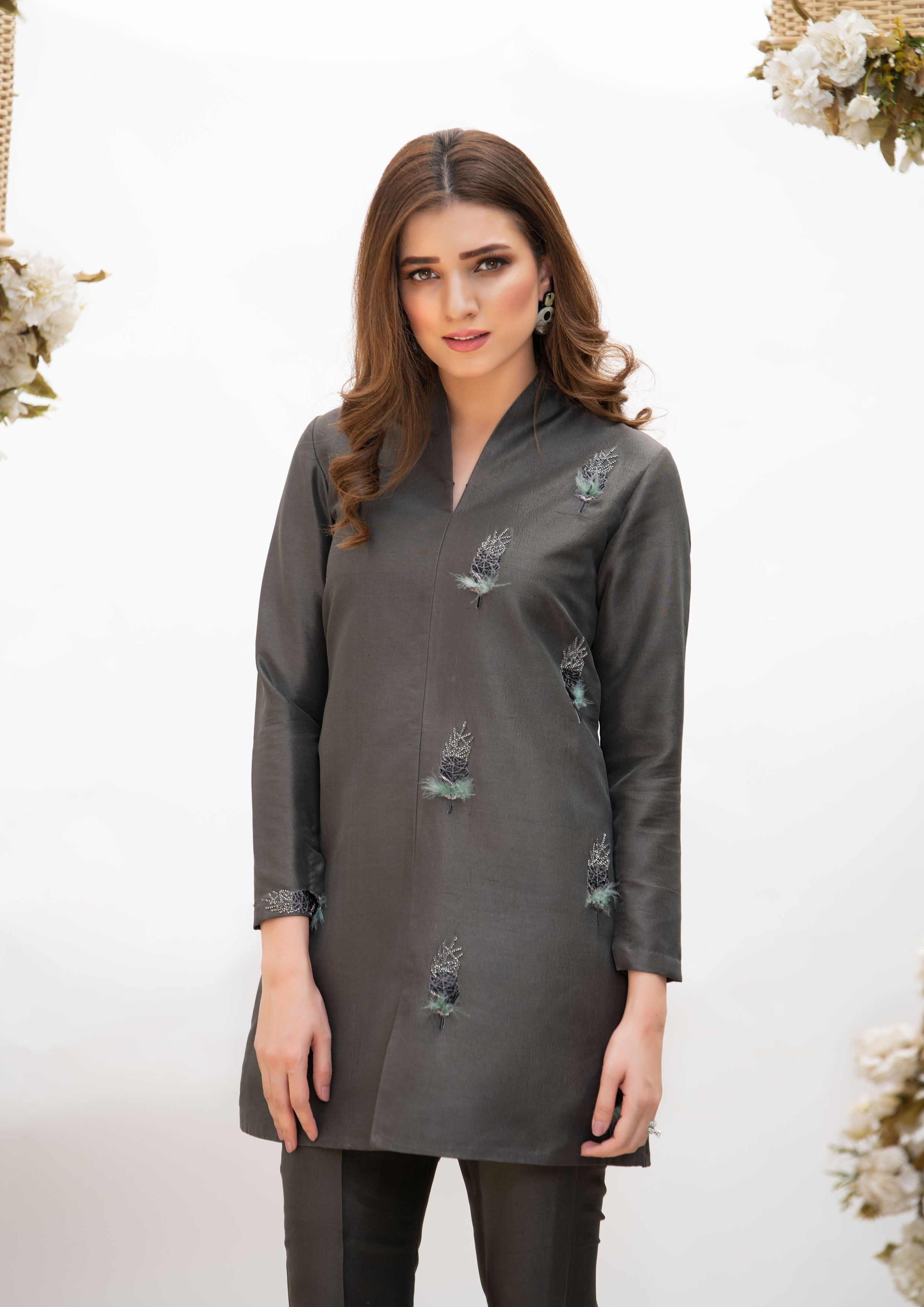 Charcoal Grey Embroidered Raw Silk Trouser Set (2-Piece) - Image 2