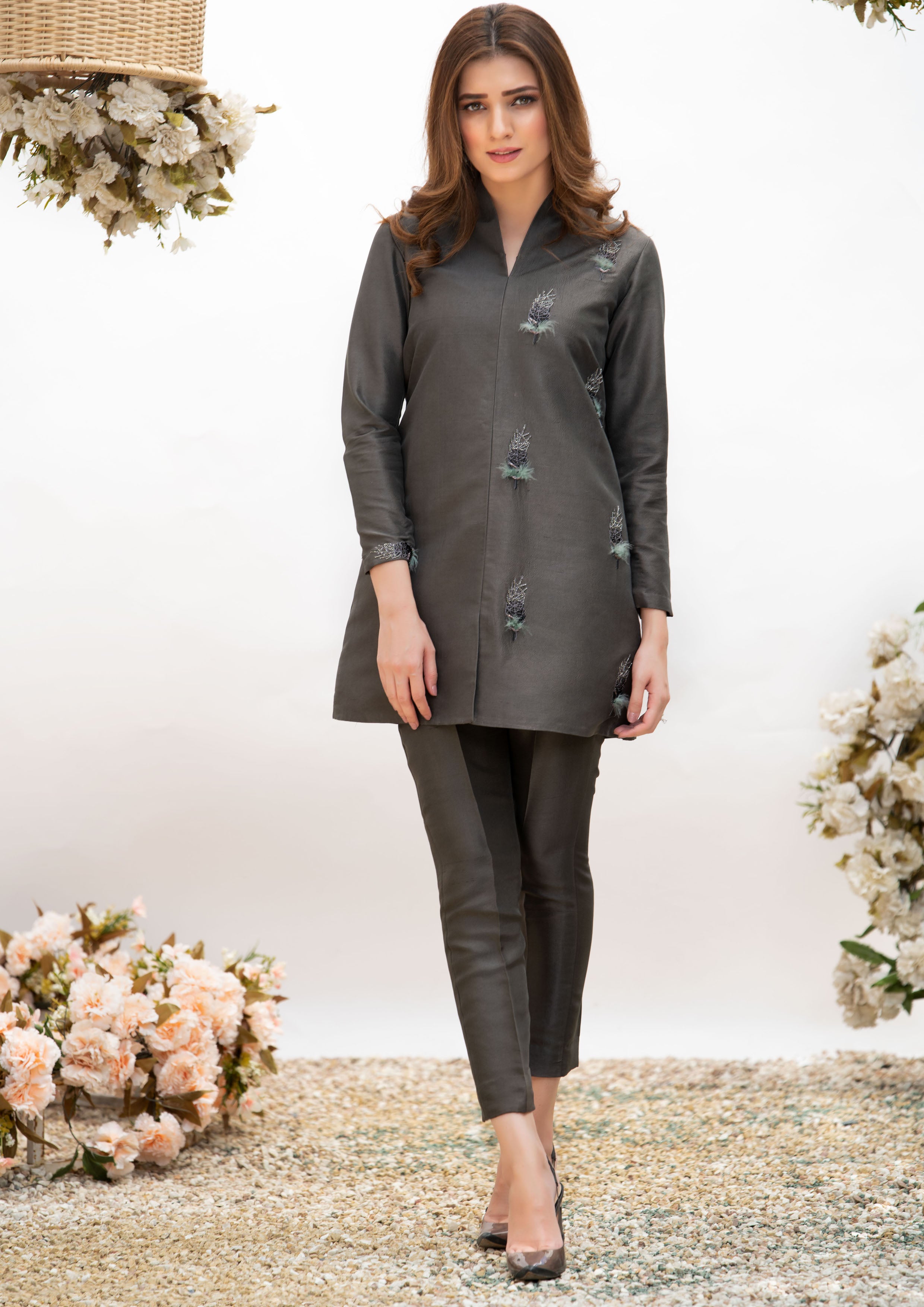 Charcoal Grey Embroidered Raw Silk Trouser Set (2-Piece) - Image 3