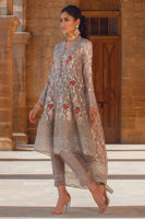 Pakistani Taupe-Grey Embroidered High-Low Silk Kameez (2-Piece) - Image 3