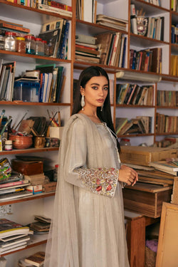 Pakistani Moonstone Grey Embroidered Raw Silk Salwar Kameez (3-Piece) - Image 1