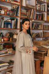Pakistani Moonstone Grey Embroidered Raw Silk Salwar Kameez (3-Piece) - Image 2