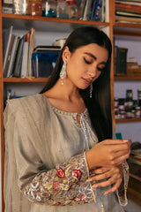 Pakistani Moonstone Grey Embroidered Raw Silk Salwar Kameez (3-Piece) - Image 4
