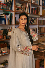 Pakistani Moonstone Grey Embroidered Raw Silk Salwar Kameez (3-Piece) - Image 5