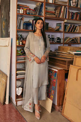 Pakistani Moonstone Grey Embroidered Raw Silk Salwar Kameez (3-Piece) - Image 3