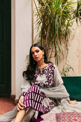 Steel Grey Velvet Appliqué Raw Silk Salwar Kameez (3-Piece) - Image 2