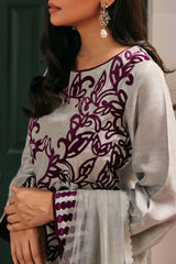 Steel Grey Velvet Appliqué Raw Silk Salwar Kameez (3-Piece) - Image 3