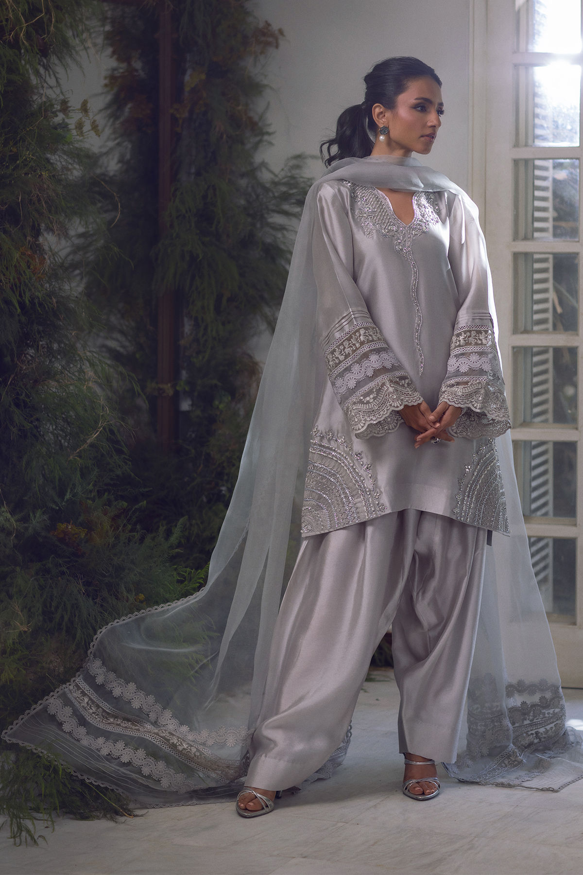 Pakistani Charcoal Grey Embellished Shisha Silk Salwar Kameez (3-Piece) - Image 1