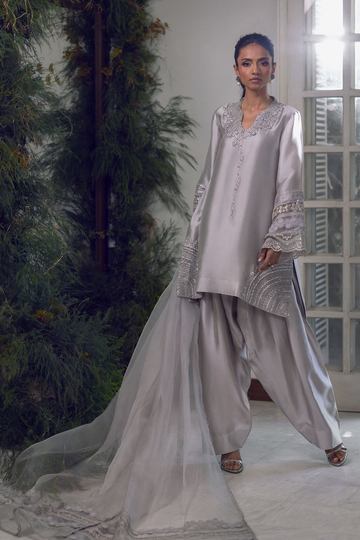 Pakistani Charcoal Grey Embellished Shisha Silk Salwar Kameez (3-Piece) - Image 3