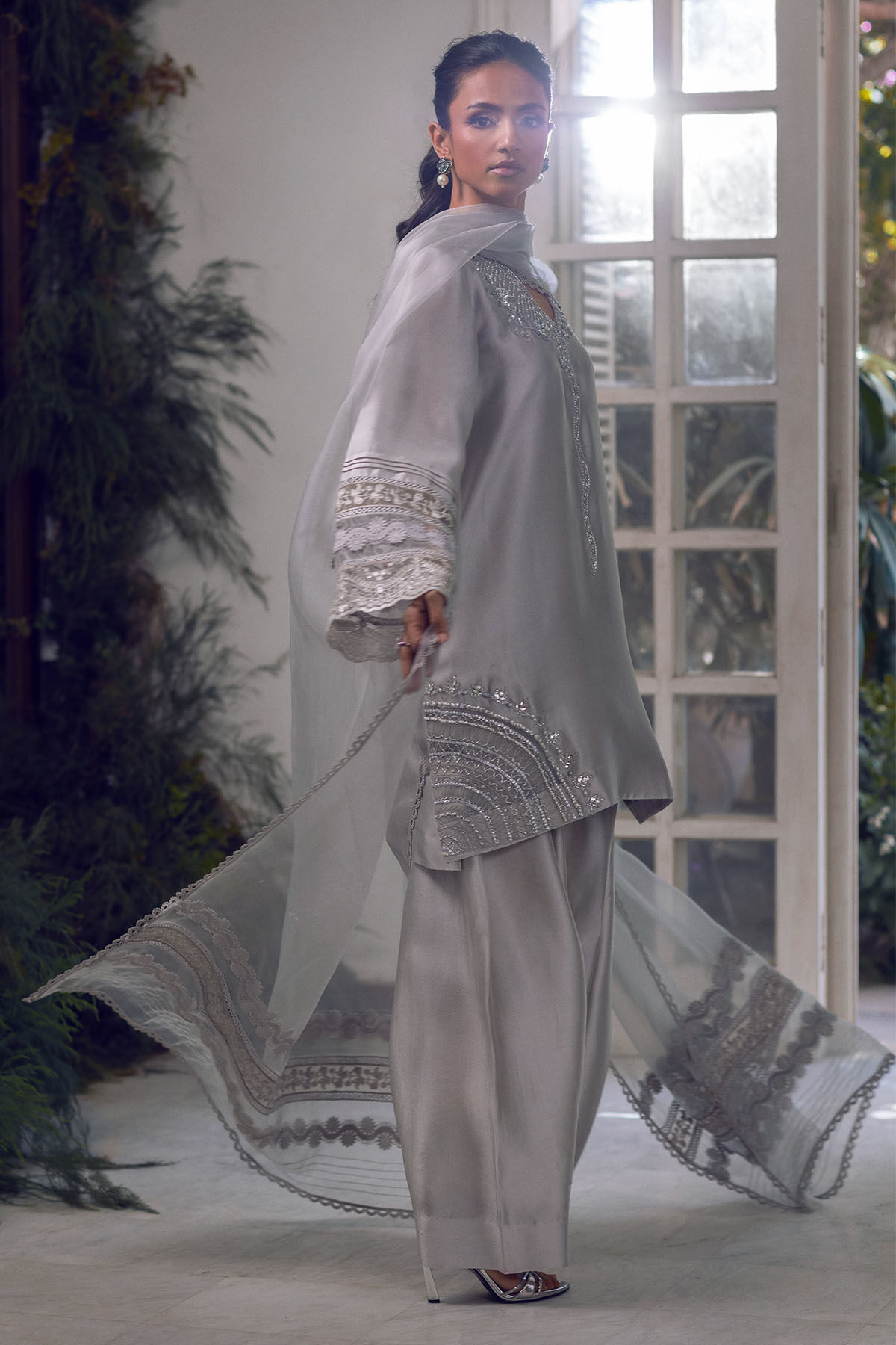 Pakistani Charcoal Grey Embellished Shisha Silk Salwar Kameez (3-Piece) - Image 4