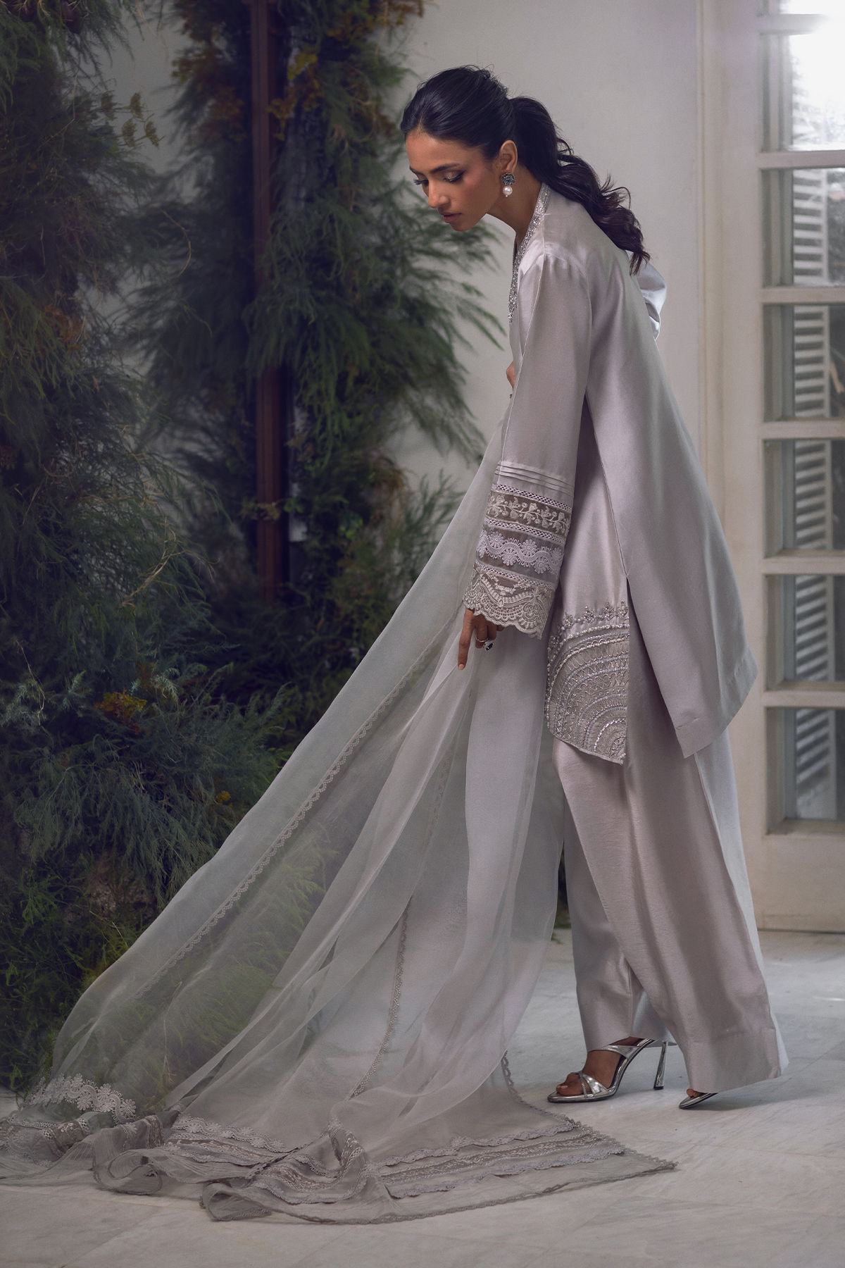 Pakistani Charcoal Grey Embellished Shisha Silk Salwar Kameez (3-Piece) - Image 5