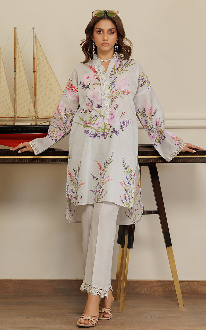 Pakistani Soft Grey Printed Silk Salwar Kameez (2-Piece) - Image 1