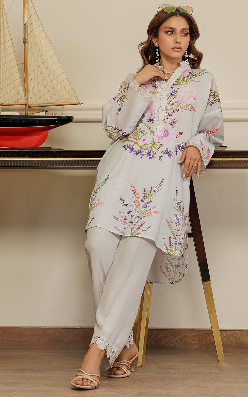 Pakistani Soft Grey Printed Silk Salwar Kameez (2-Piece) - Image 2