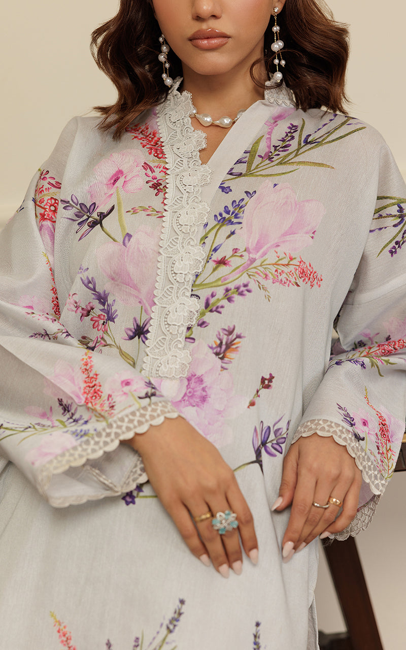 Pakistani Soft Grey Printed Silk Salwar Kameez (2-Piece) - Image 6