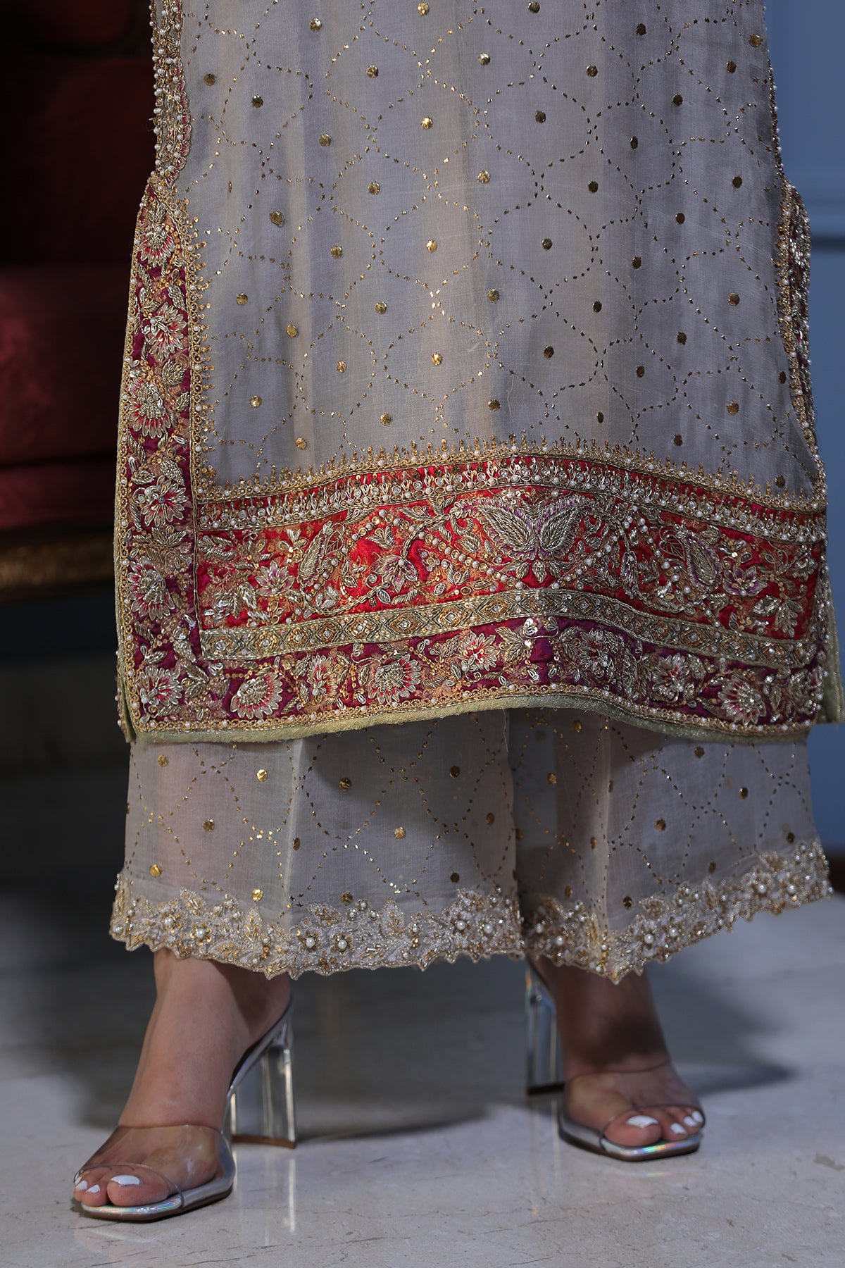 Grey Mukesh Embroidered Silk Culottes (1-Pc) - Image 1