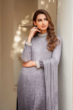 Shaded Grey Sequinned Silk Salwar Kameez (2-Piece) - Image 1