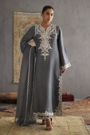 Pakistani Grey Embroidered Silk Long Shirt (2-Piece) - Image 1