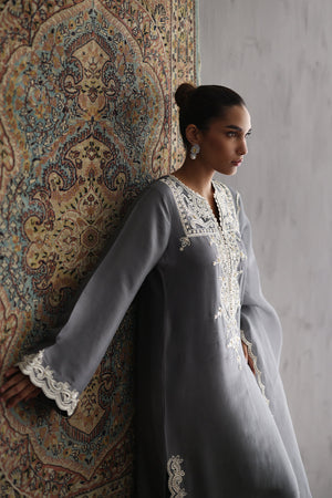 Pakistani Grey Embroidered Silk Long Shirt (2-Piece) - Image 2