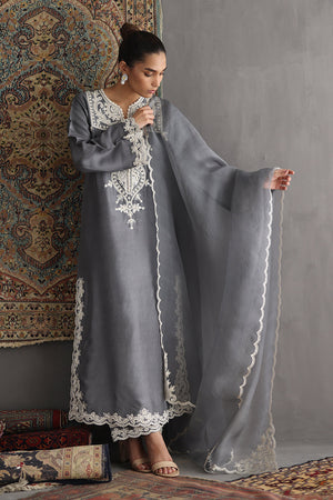 Pakistani Grey Embroidered Silk Long Shirt (2-Piece) - Image 3