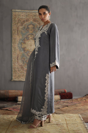 Pakistani Grey Embroidered Silk Long Shirt (2-Piece) - Image 4
