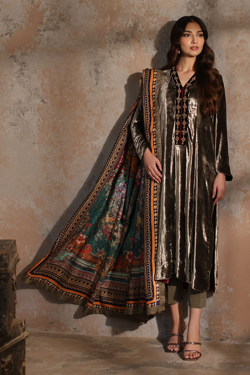 Taupe Grey Hand-Worked Velvet Salwar Kameez (3-Piece) - Image 1