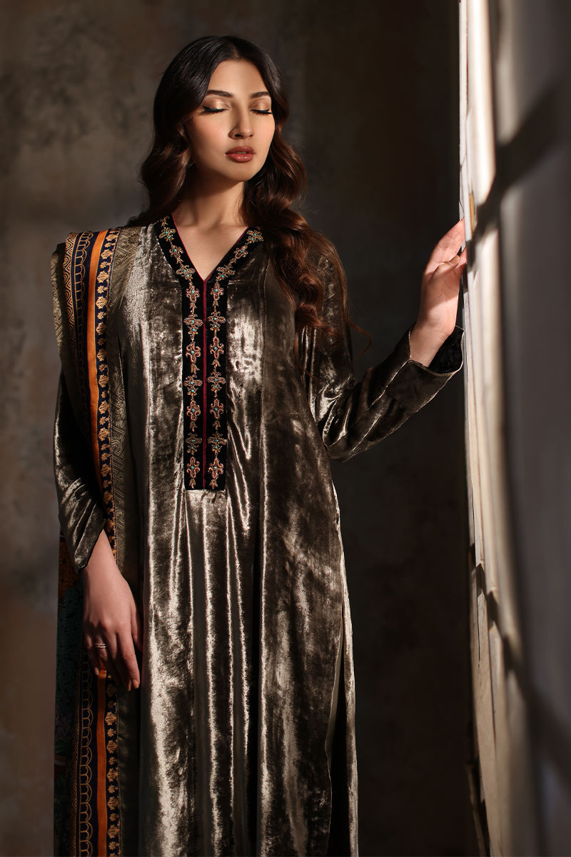 Taupe Grey Hand-Worked Velvet Salwar Kameez (3-Piece) - Image 3