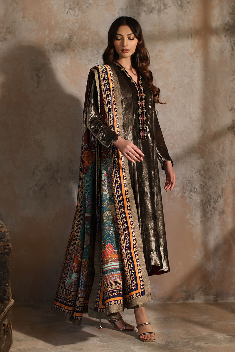 Taupe Grey Hand-Worked Velvet Salwar Kameez (3-Piece) - Image 4