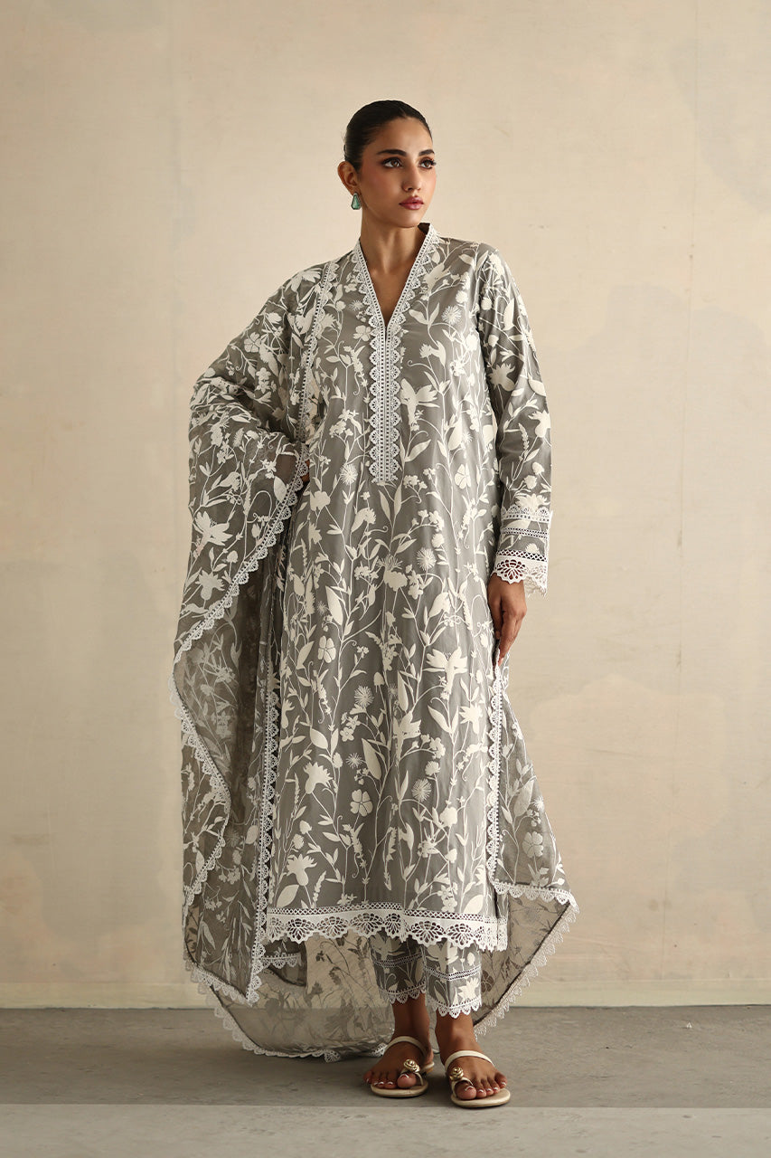Pakistani Grey Screen-Printed Soft Voile Cotton Salwar Kameez (3-Piece) - Image 1