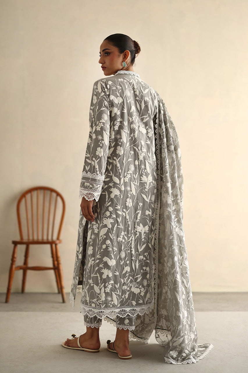 Pakistani Grey Screen-Printed Soft Voile Cotton Salwar Kameez (3-Piece) - Image 2