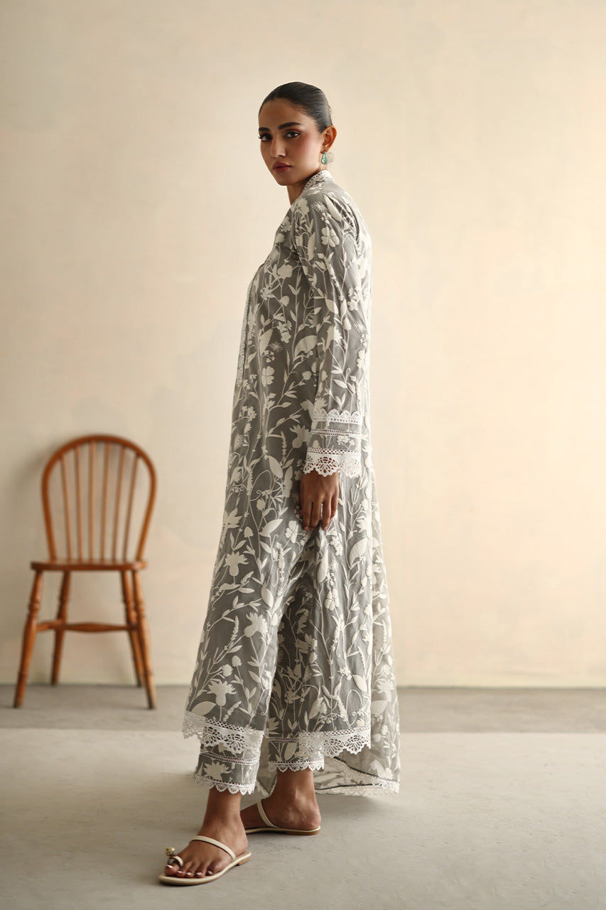 Pakistani Grey Screen-Printed Soft Voile Cotton Salwar Kameez (3-Piece) - Image 3