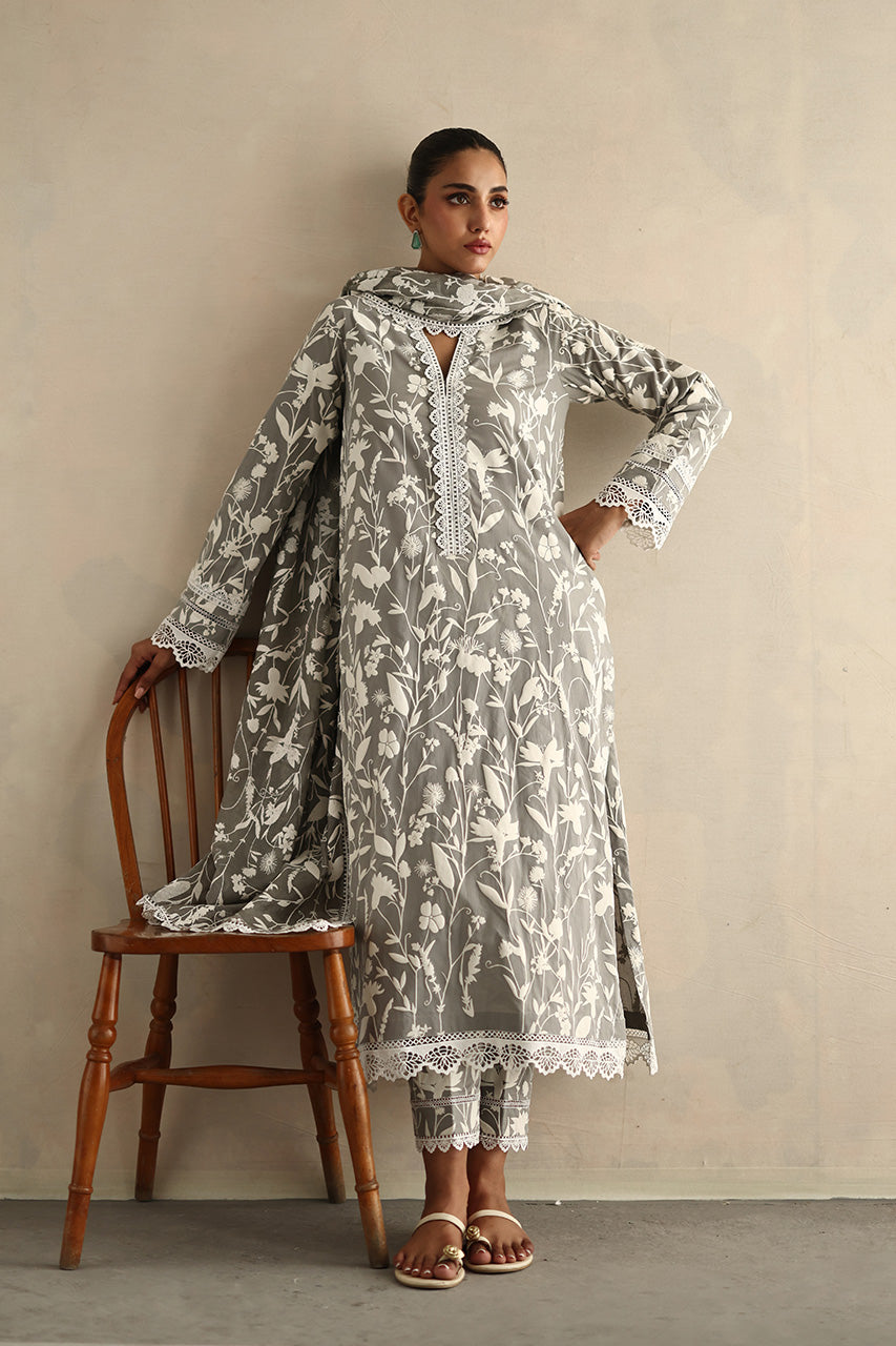 Pakistani Grey Screen-Printed Soft Voile Cotton Salwar Kameez (3-Piece) - Image 4