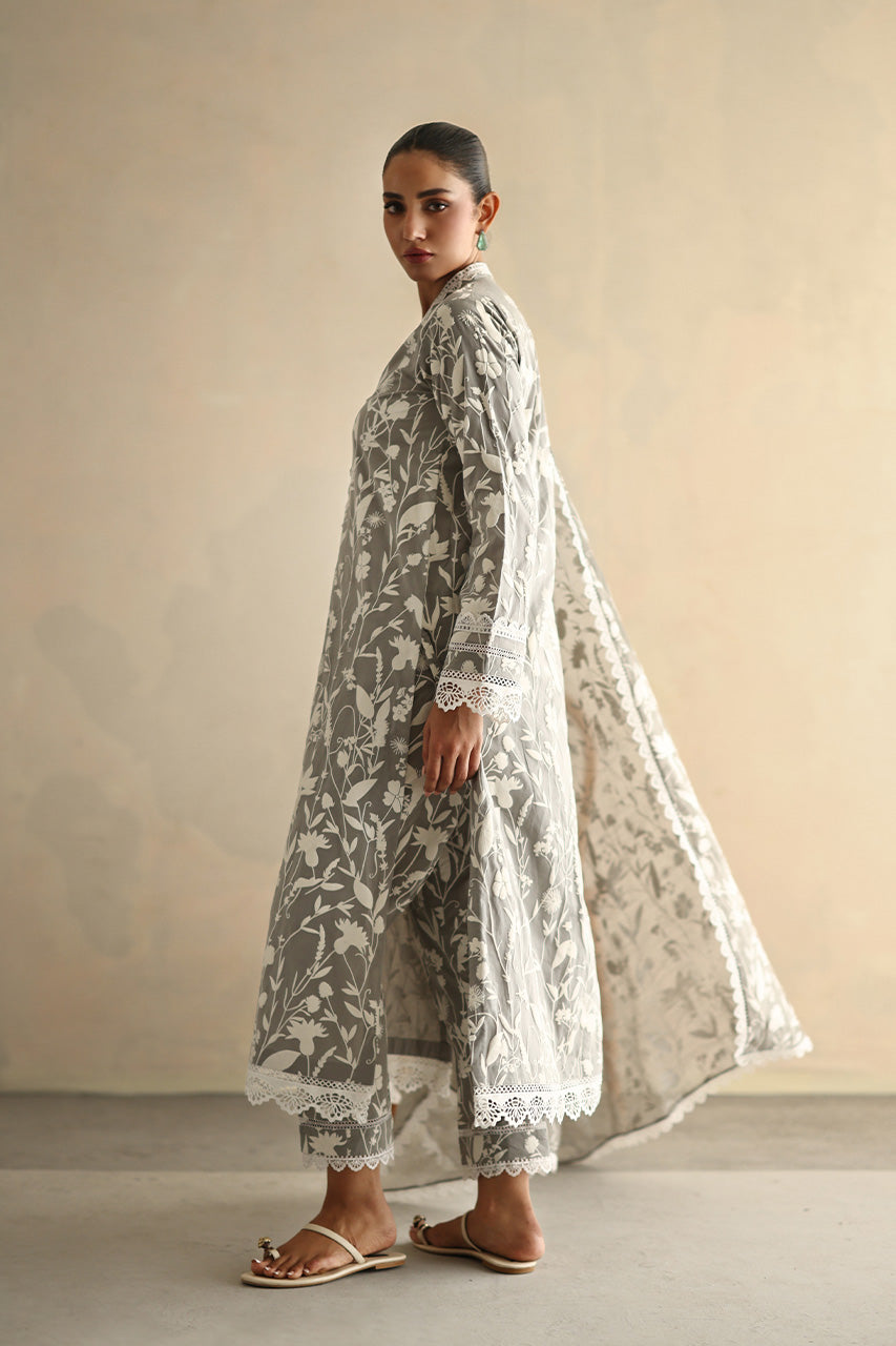 Pakistani Grey Screen-Printed Soft Voile Cotton Salwar Kameez (3-Piece) - Image 5