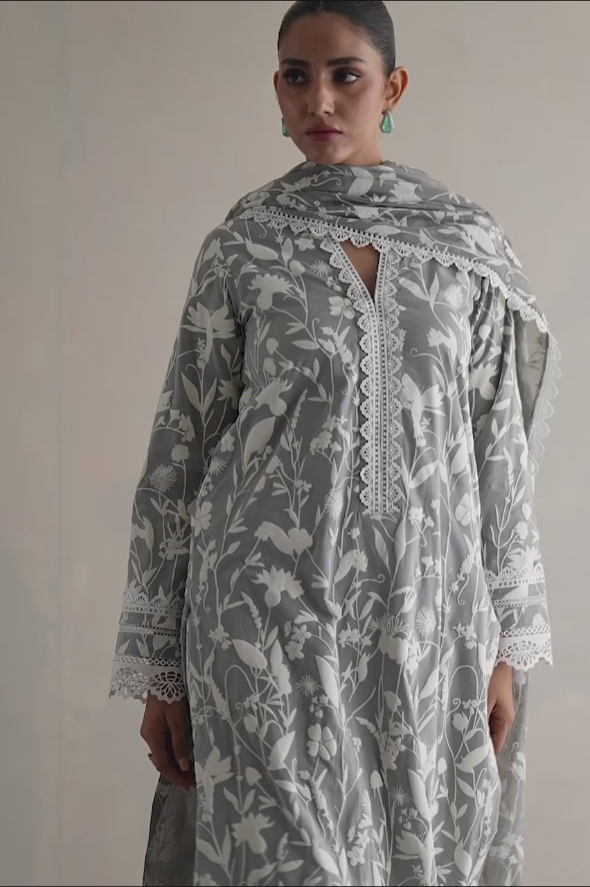 Pakistani Grey Screen-Printed Soft Voile Cotton Salwar Kameez (3-Piece) - Image 7