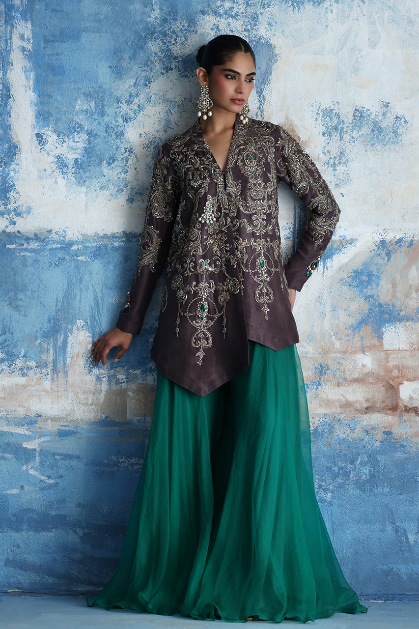 Grey Zardozi Raw Silk Jacket with Emerald Sharara (3-Piece) - Image 1