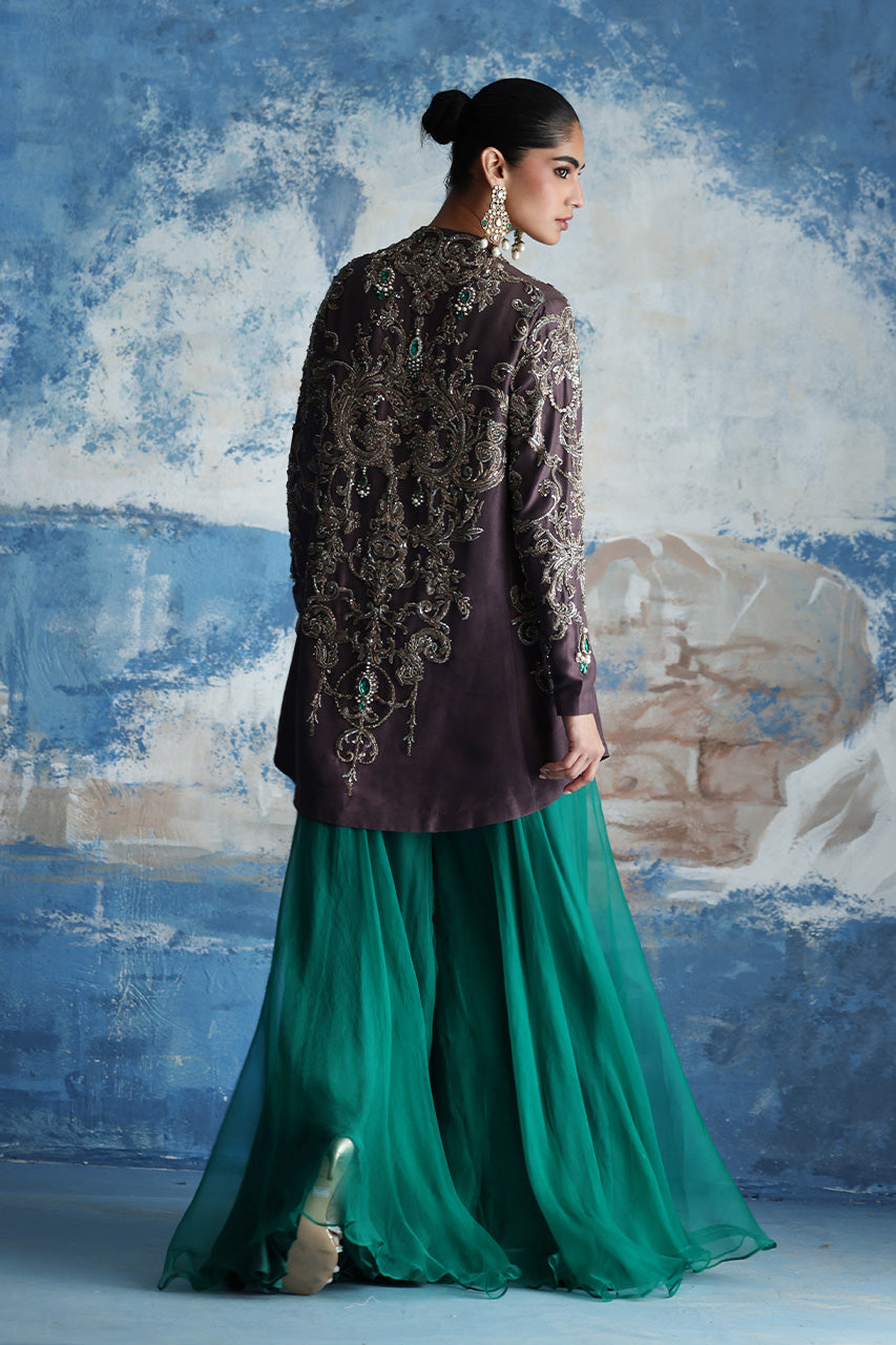 Grey Zardozi Raw Silk Jacket with Emerald Sharara (3-Piece) - Image 2