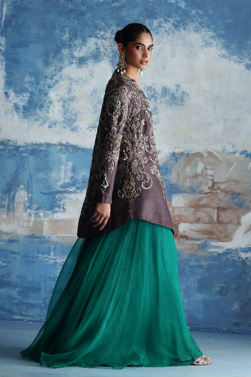 Grey Zardozi Raw Silk Jacket with Emerald Sharara (3-Piece) - Image 3